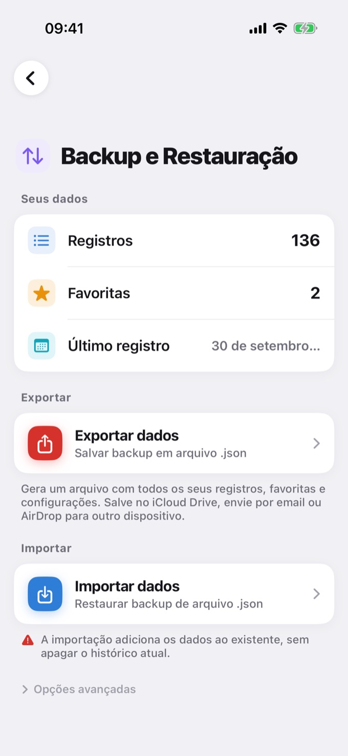 Tela Backup e Restauração