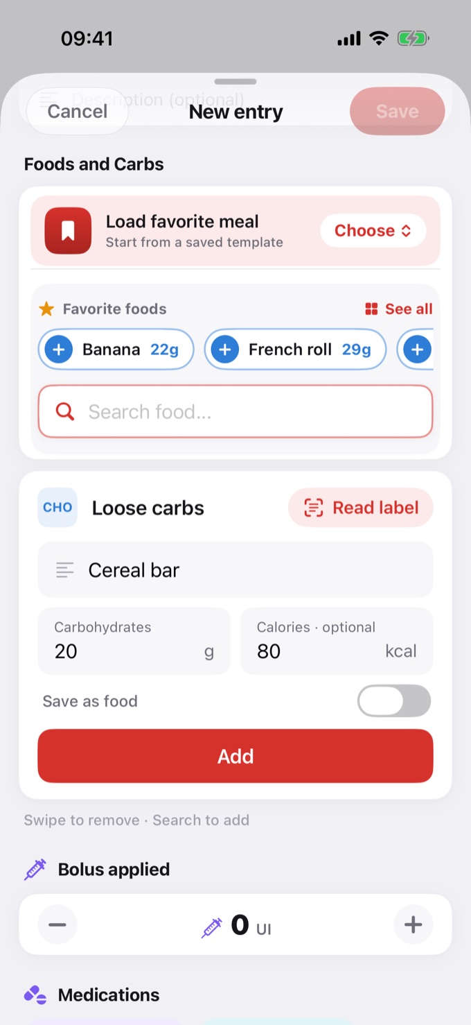 Loose carbs card filled in