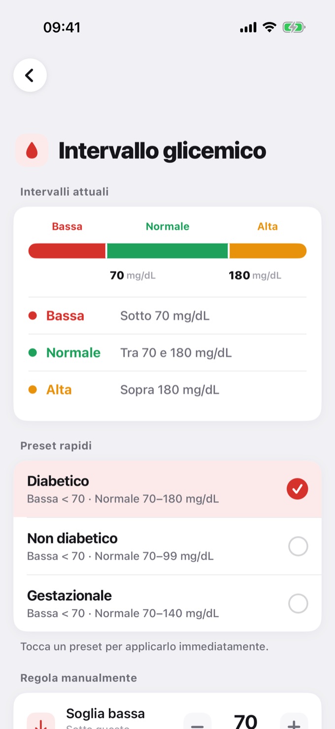 Schermata Intervallo glicemico