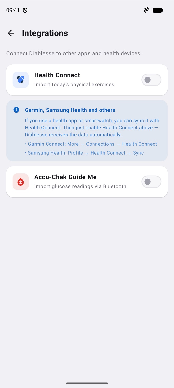 Integrations screen on Android
