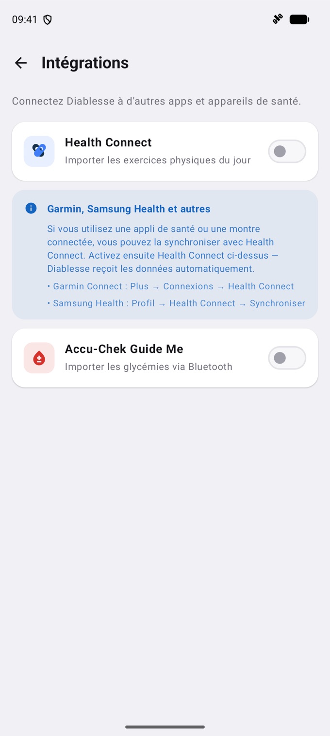 Écran Intégrations sur Android