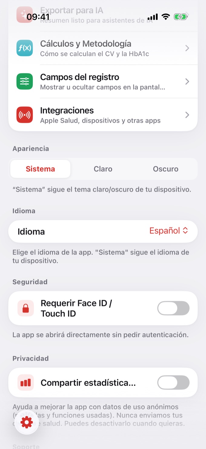 Opción Idioma en Ajustes