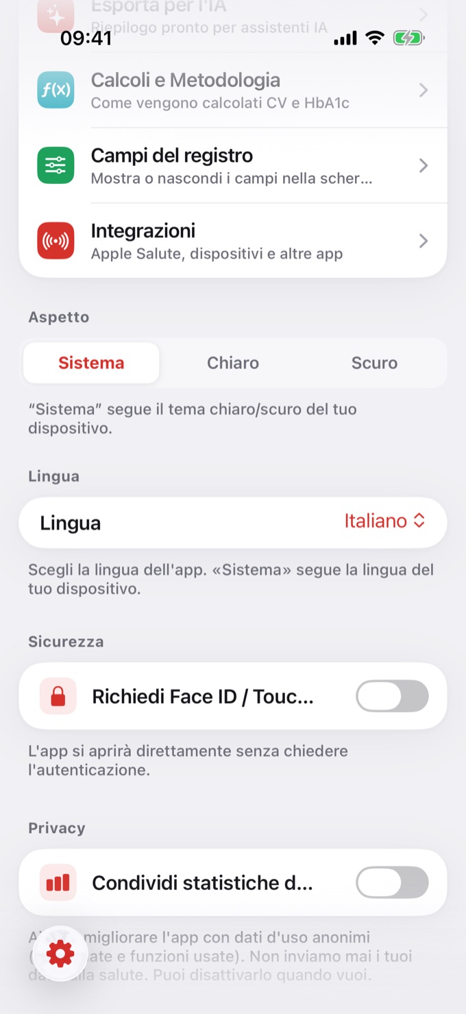 Opzione Lingua nelle Impostazioni