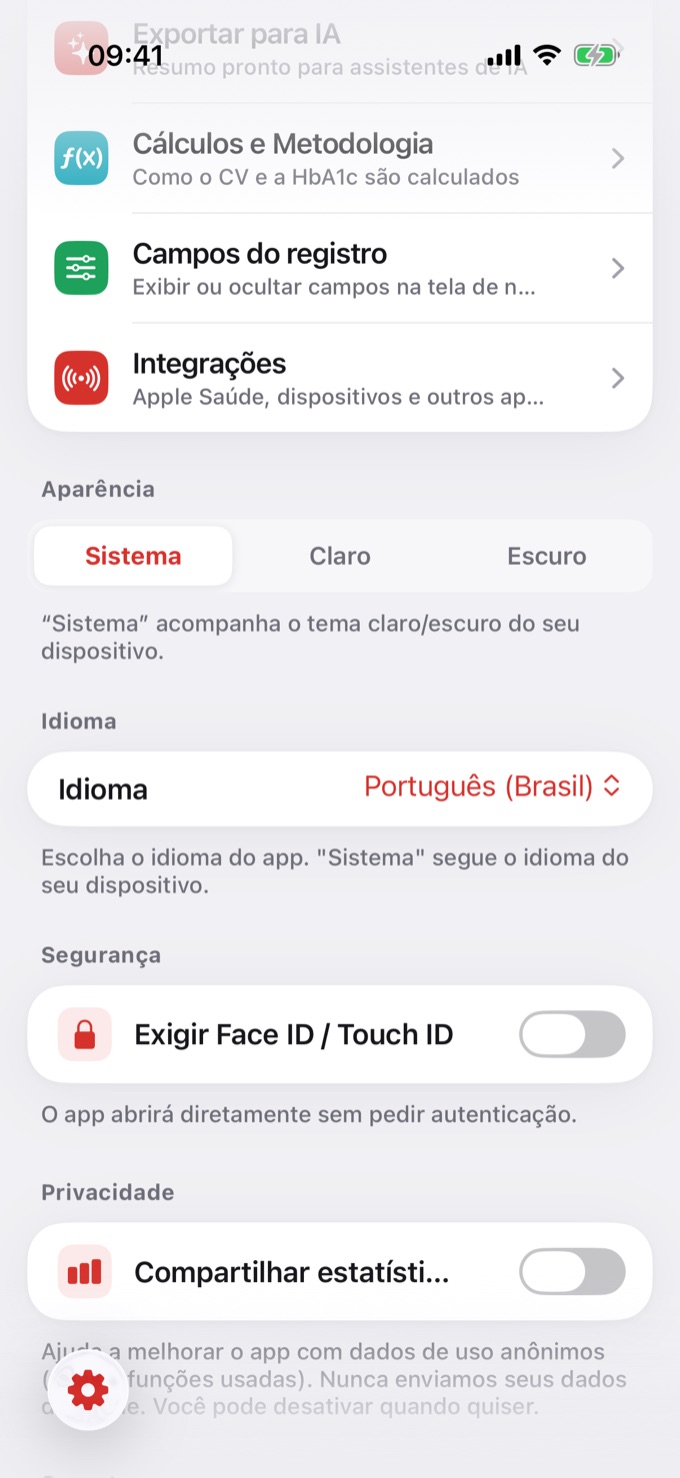 Opção Idioma em Configurações