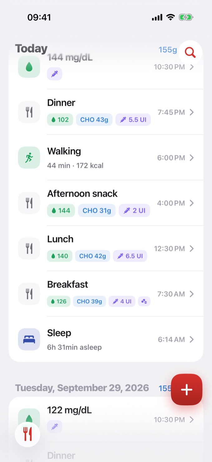 Diary with a glucose-only entry at 22:30