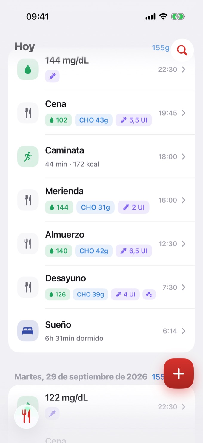 Diario con un registro solo de glucemia a las 22:30