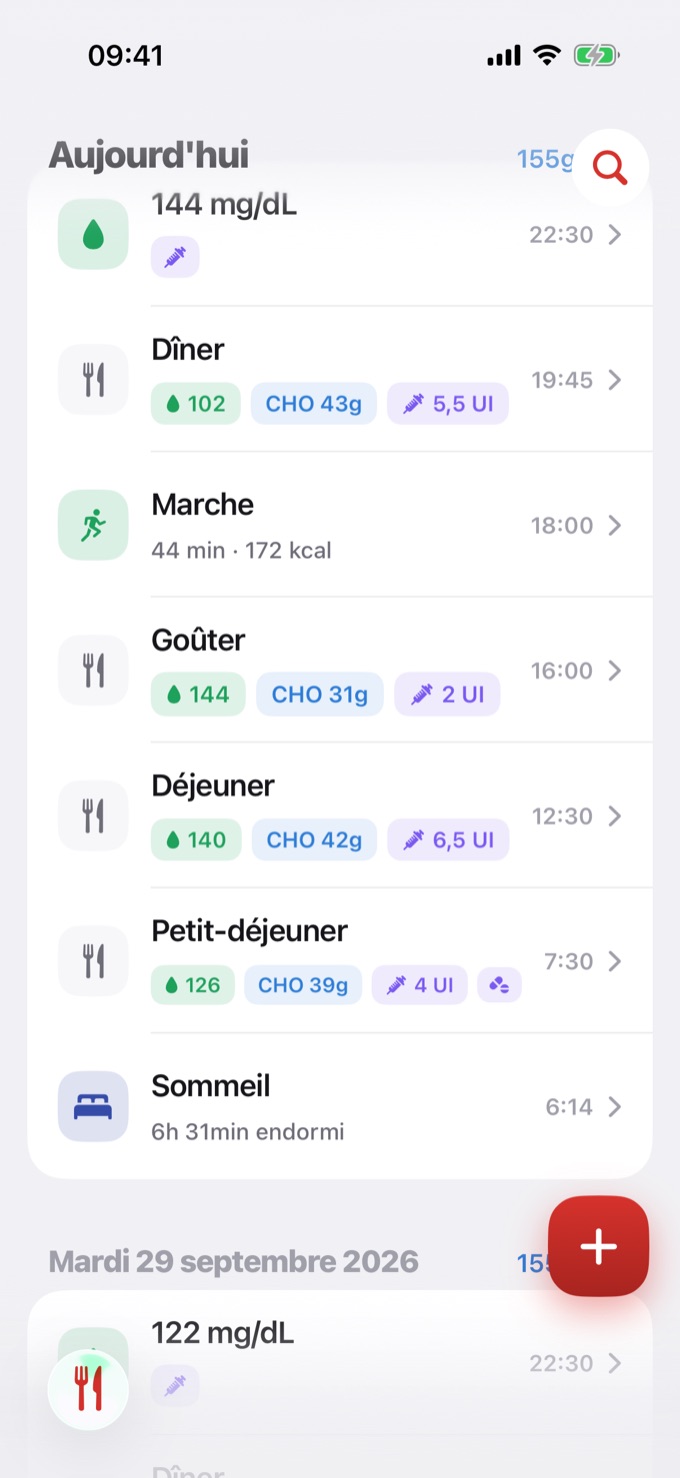 Journal avec un enregistrement de glycémie seule à 22:30
