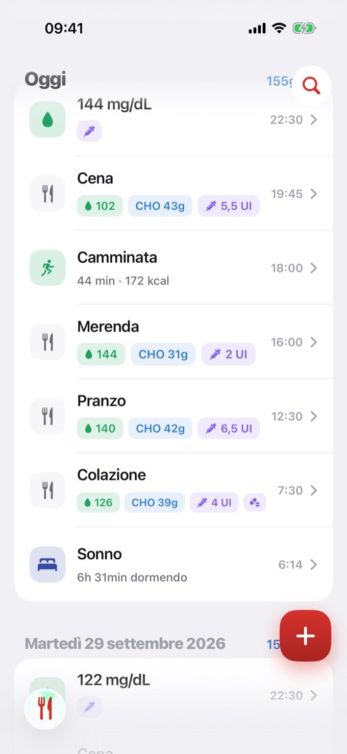 Diario con una registrazione solo di glicemia alle 22:30