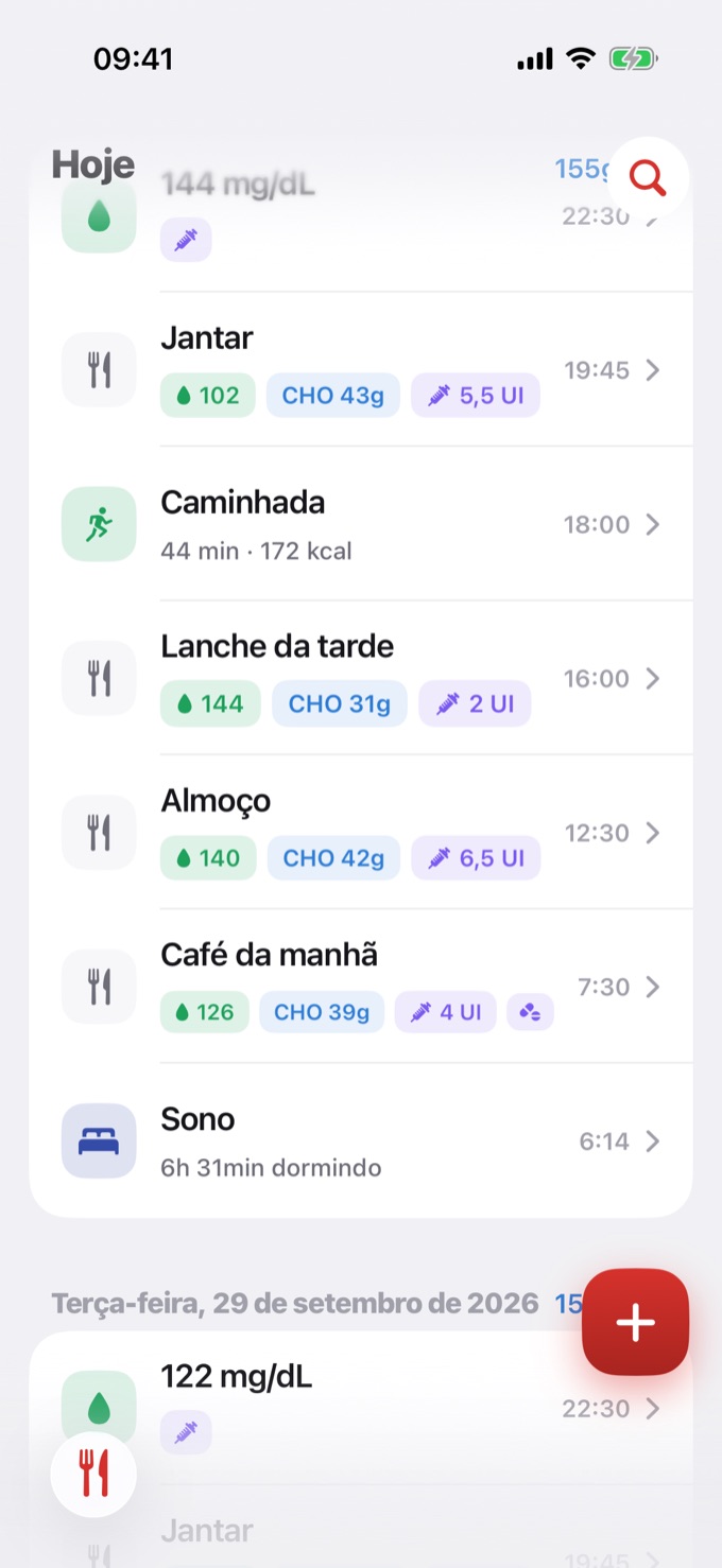 Diário com um registro só de glicemia às 22:30
