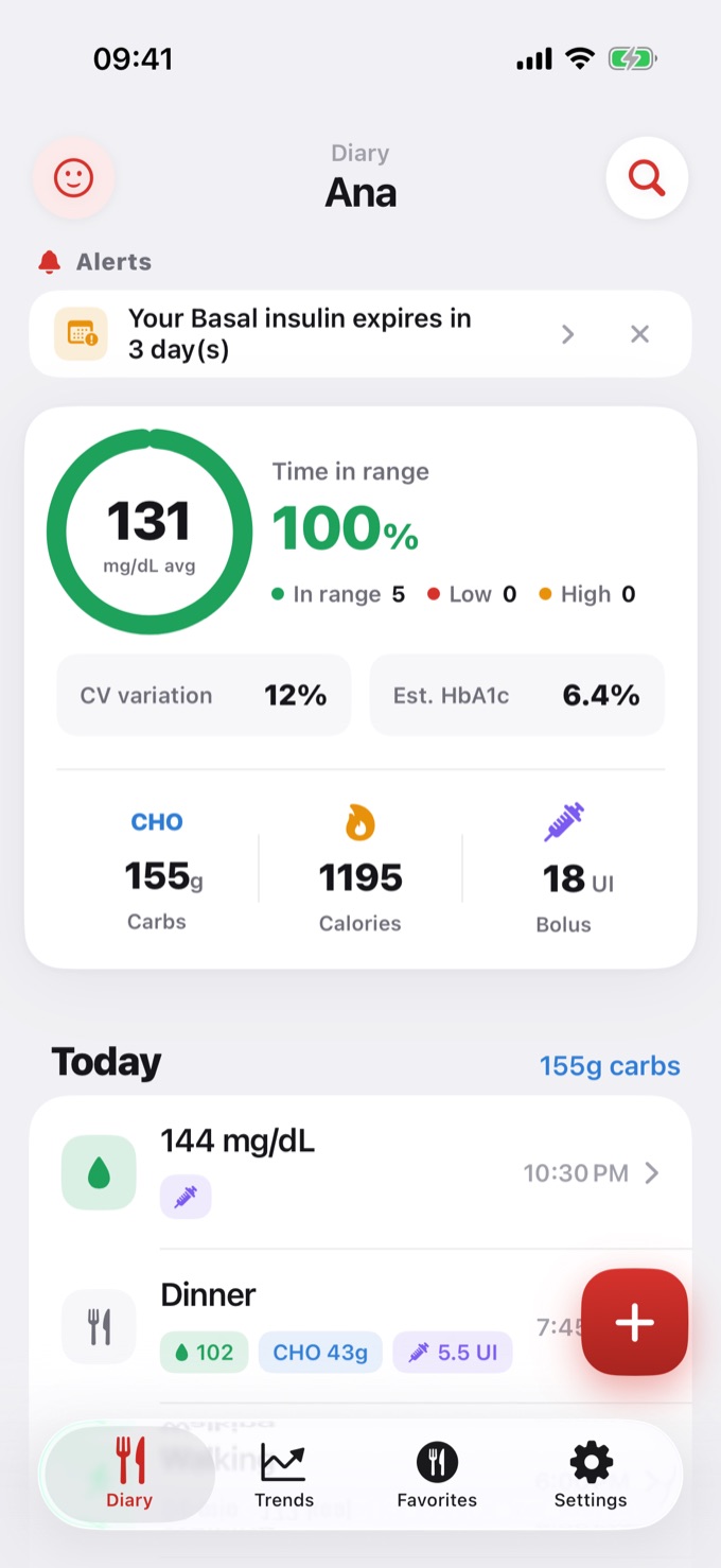 Alerts card at the top of the Diary