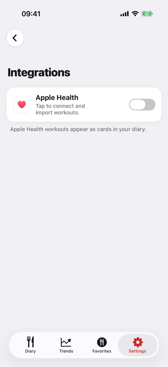 Integrations screen on iPhone