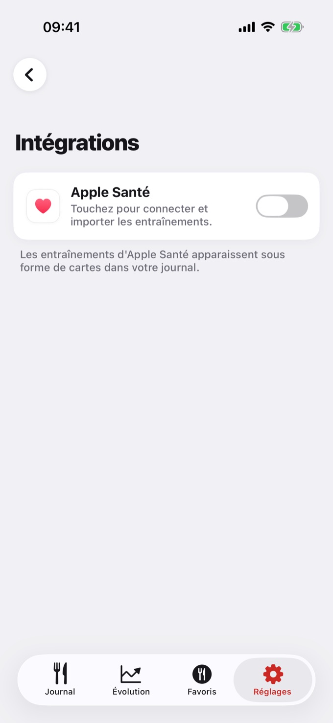 Écran Intégrations sur iPhone