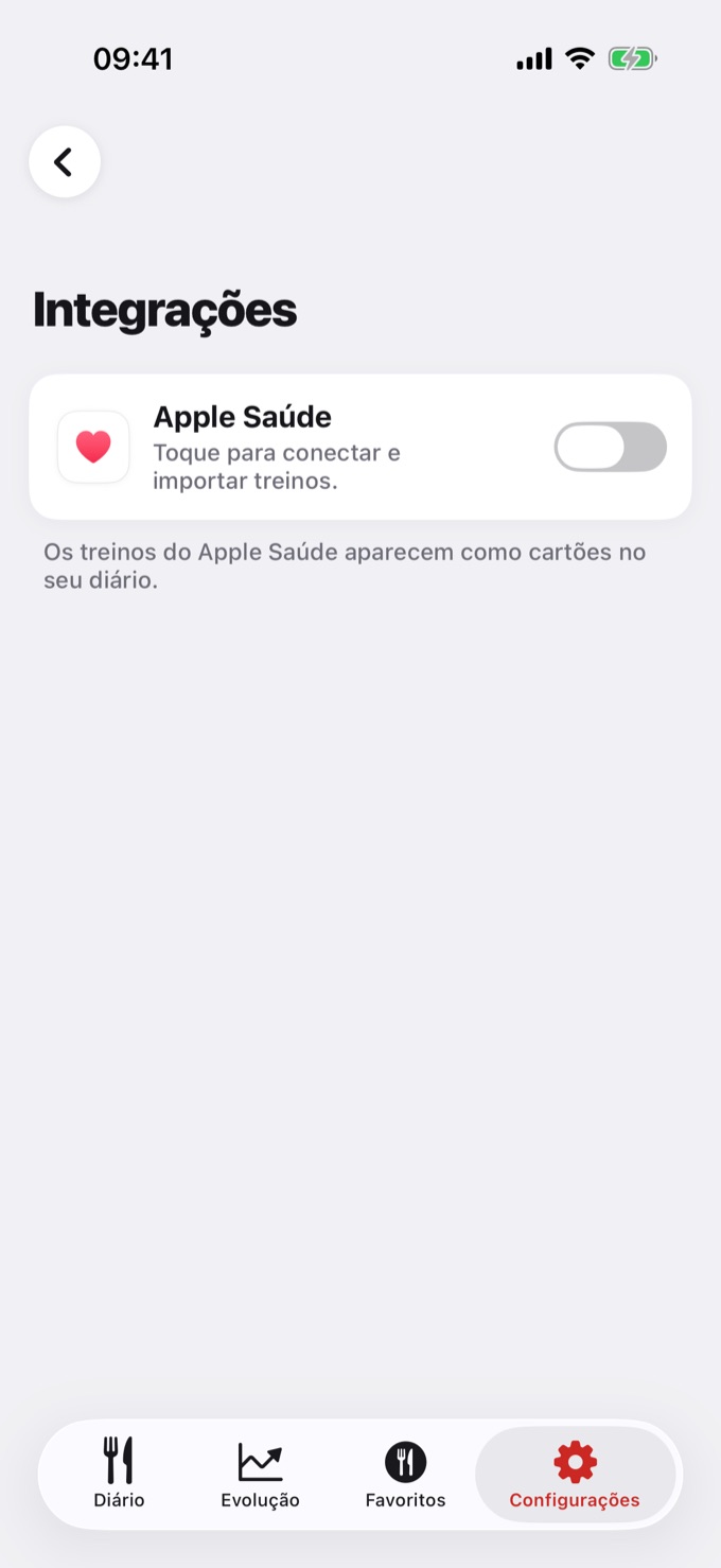 Tela Integrações no iPhone