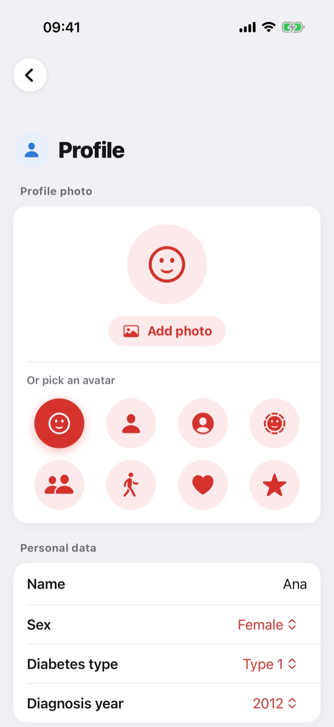 Profile: photo and personal data