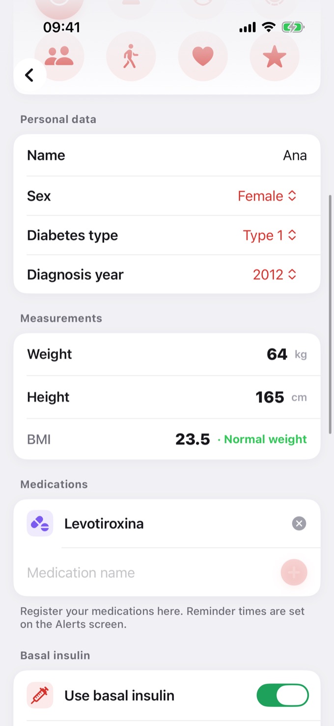 Profile: measurements, medications, and basal insulin