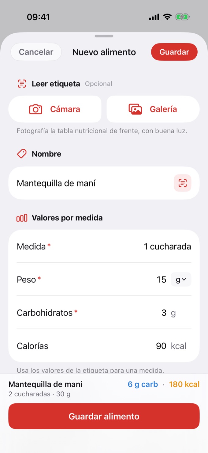Pantalla Nuevo alimento completada