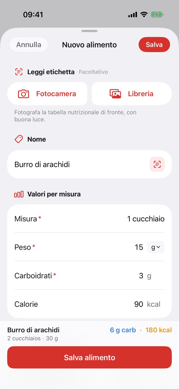 Schermata Nuovo alimento compilata