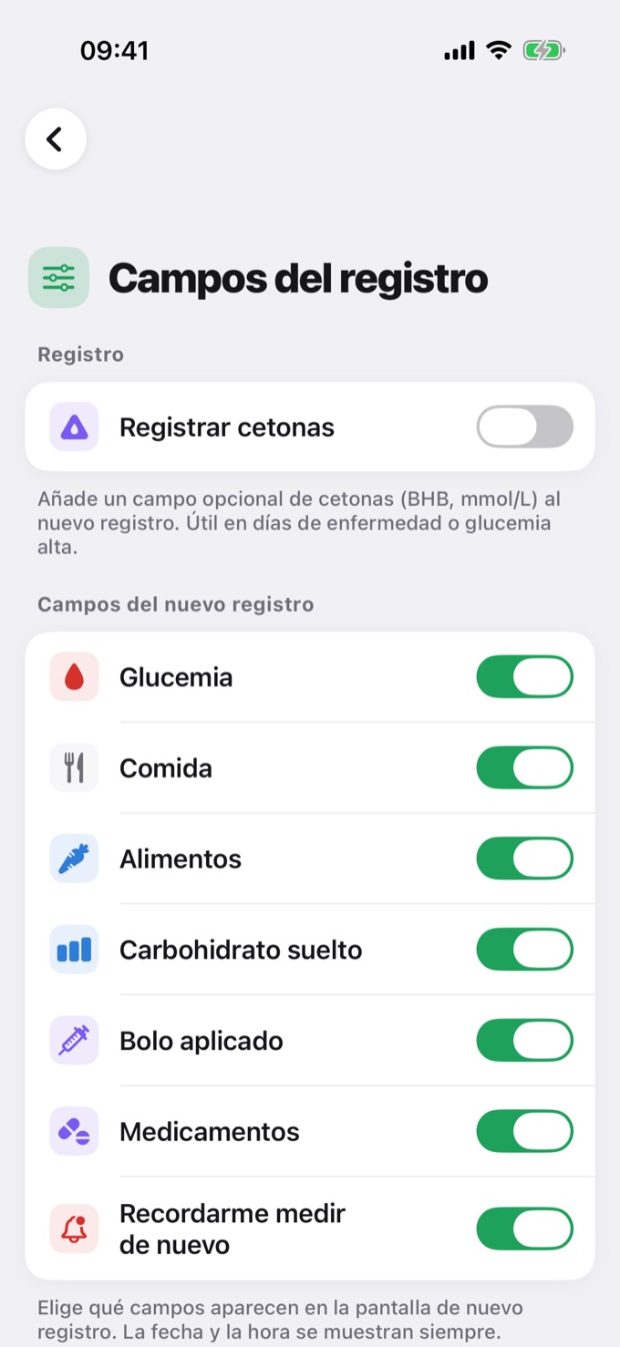 Pantalla Campos del registro