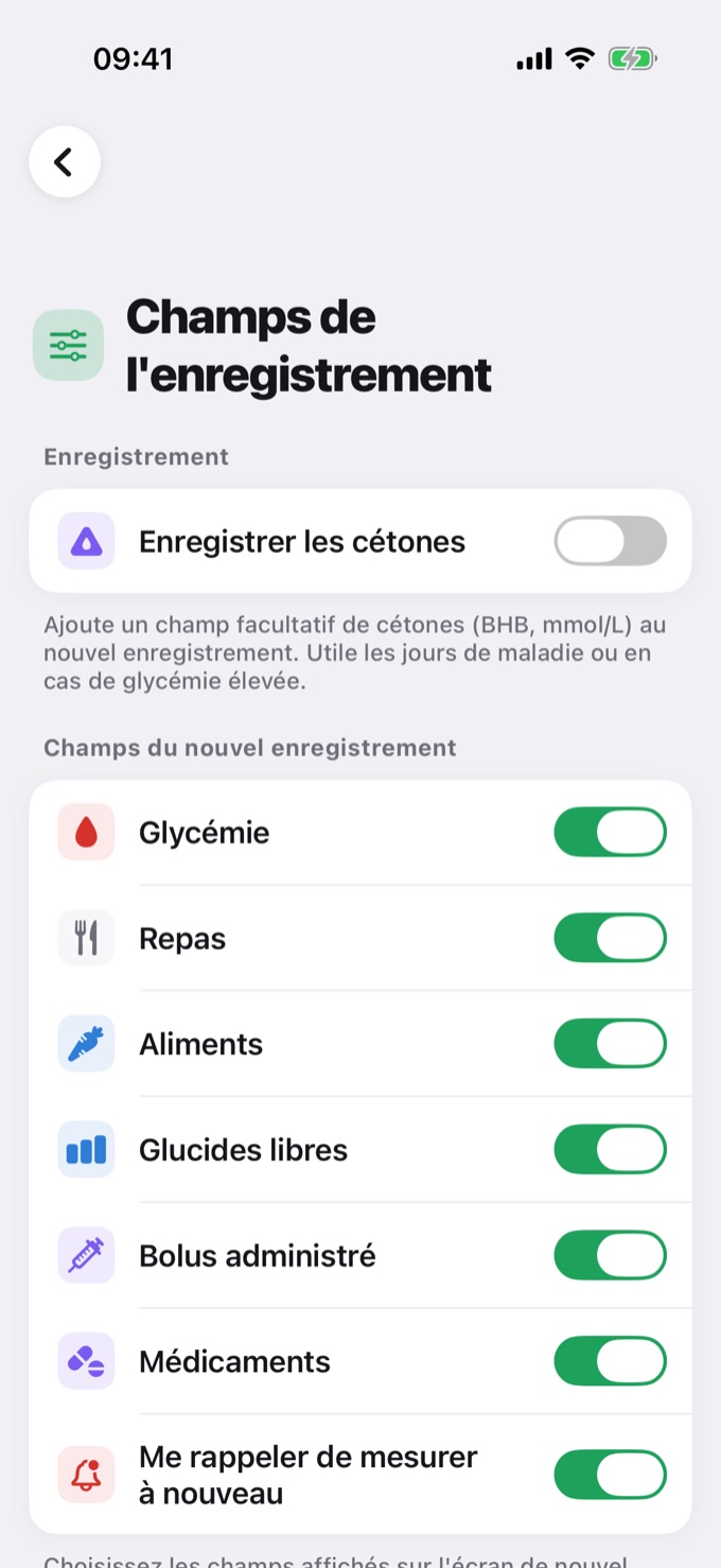 Écran Champs de l'enregistrement