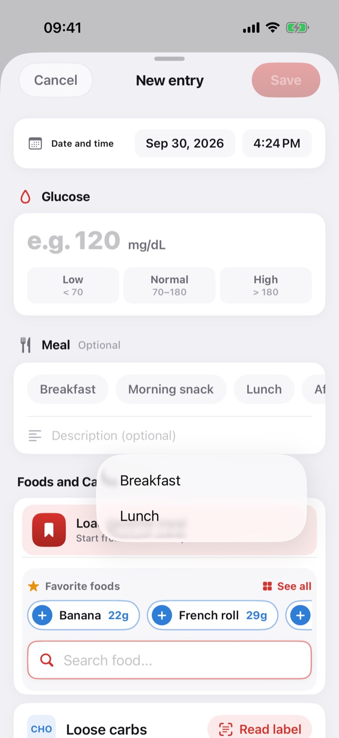 Load a favorite meal in a new entry