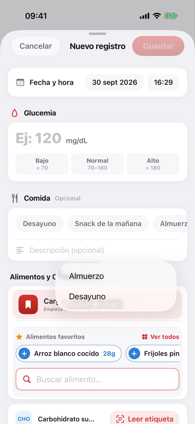 Cargar una comida favorita en el Nuevo registro