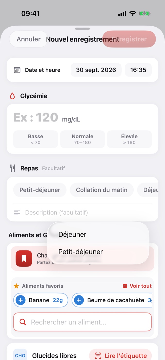Charger un repas favori dans un nouvel enregistrement