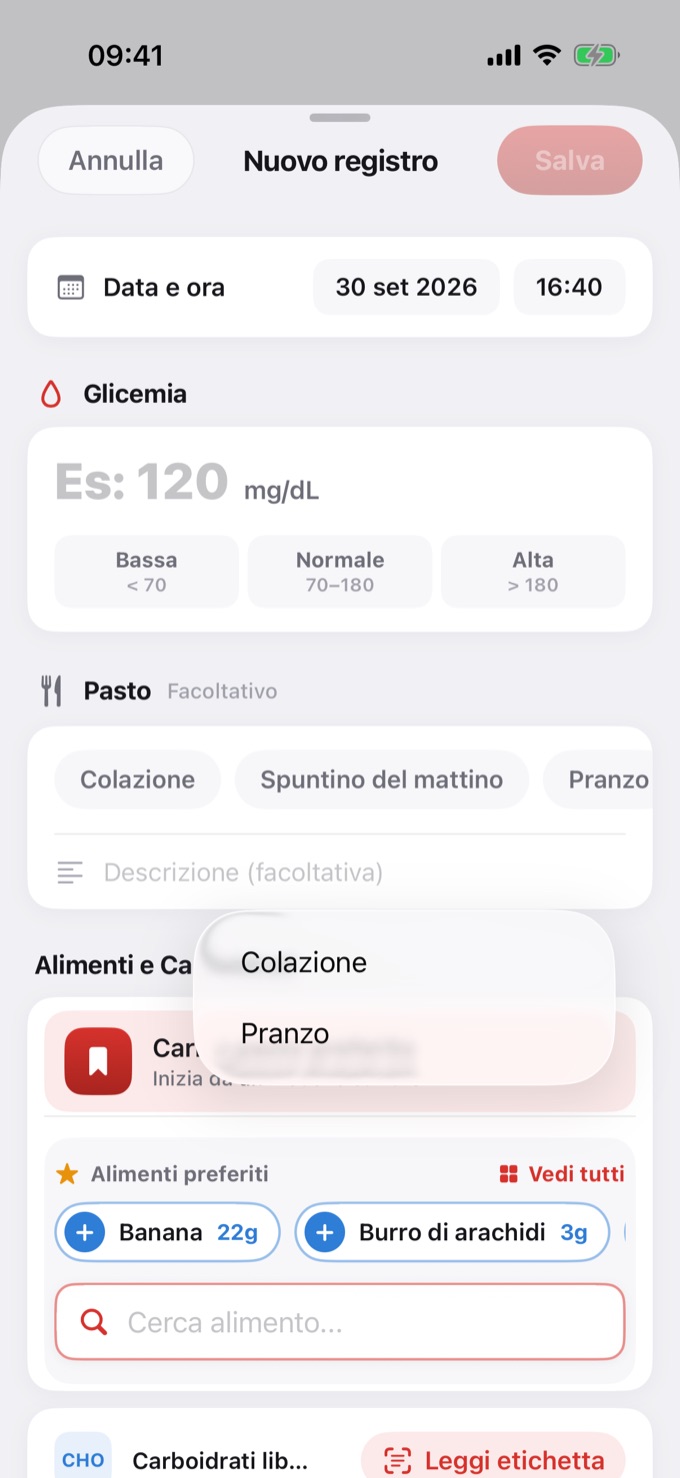 Caricare un pasto preferito nel Nuovo registro
