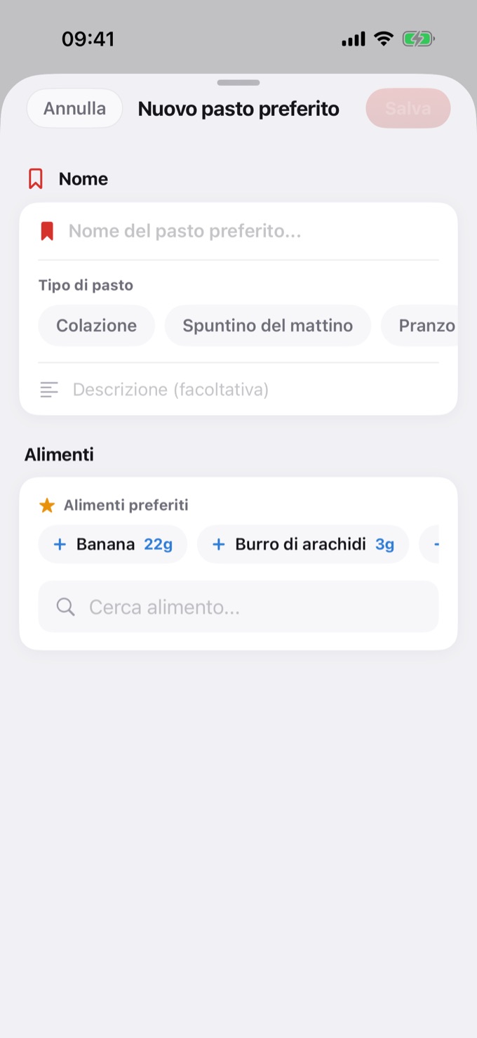 Schermata Nuovo pasto preferito