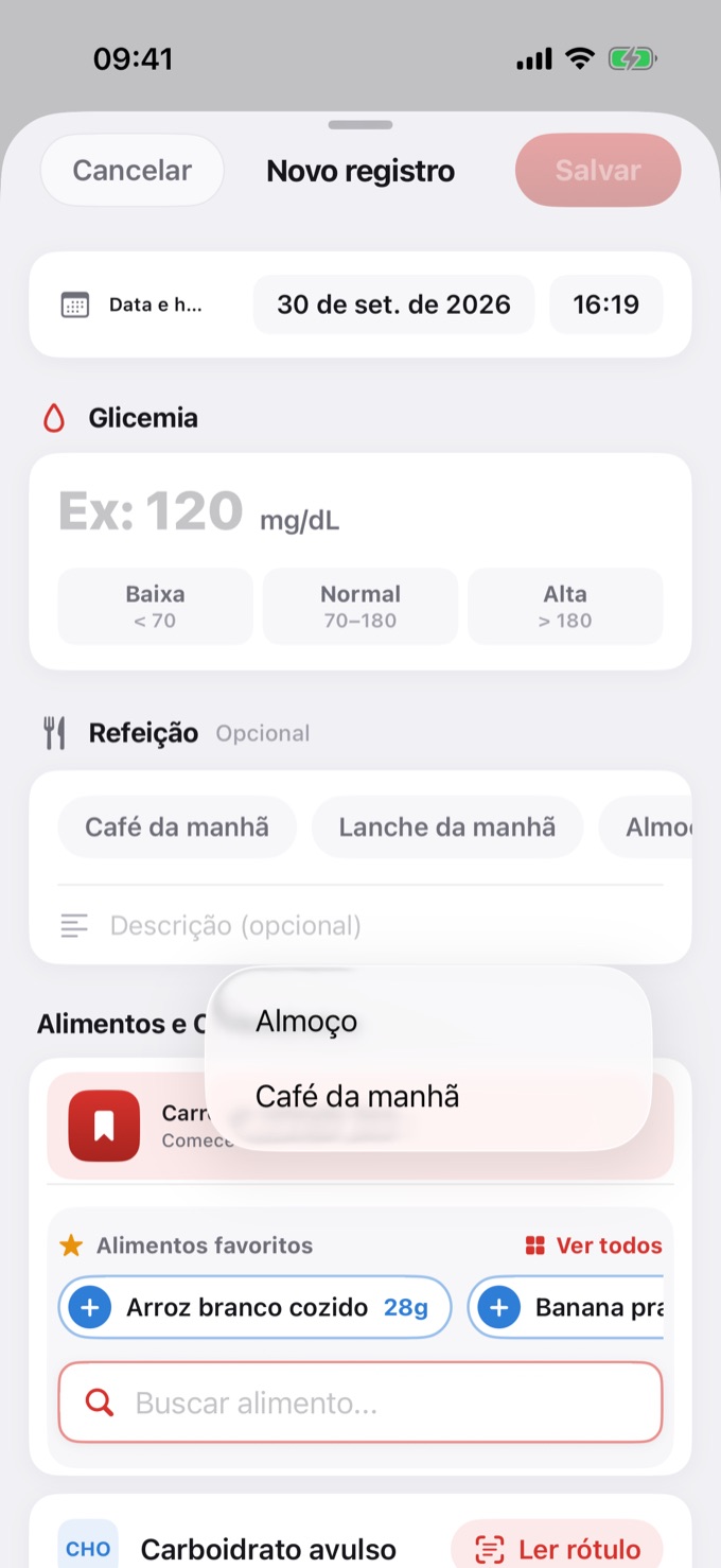 Carregar refeição favorita no Novo registro